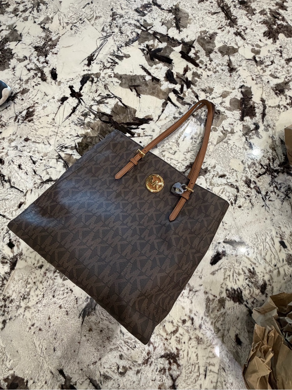 🔥 Michael Kors Brown Monogram Tote with Camel Color Leather Handles